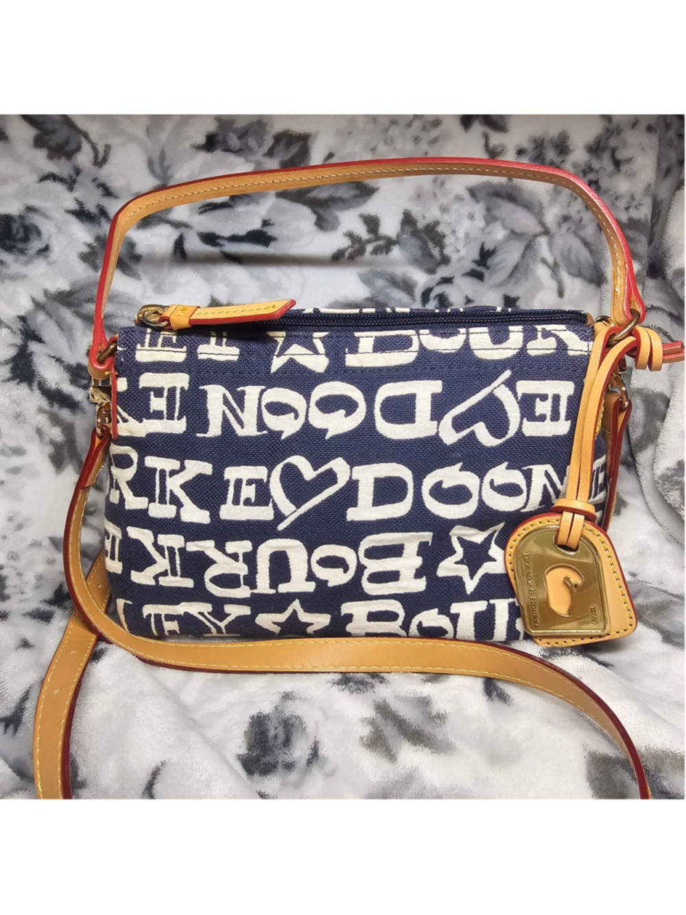 Dooney & Bourke Navy Blue & White Doodle Print Canvas Pouchette Crossbody Bag